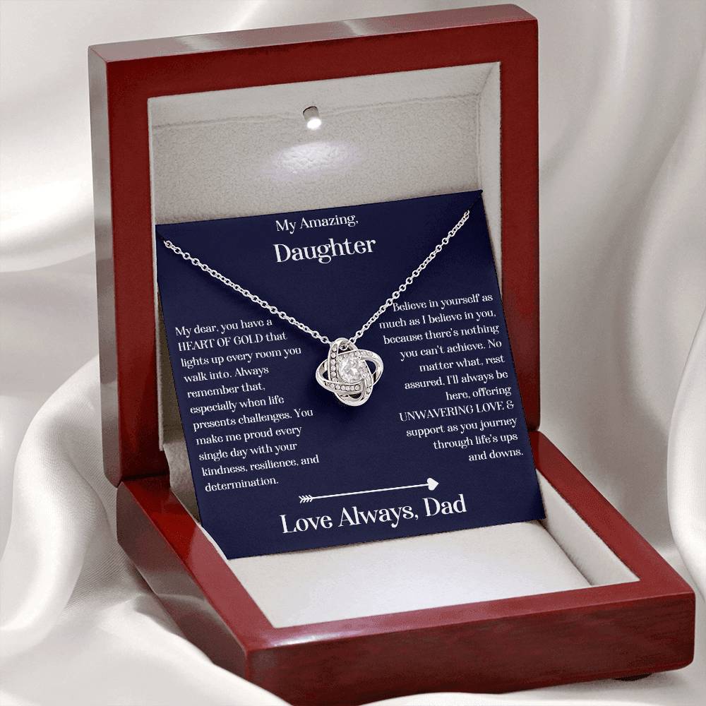 Daughter gift from dad with love knot necklace and special sentiment in a luxury box with LED lights