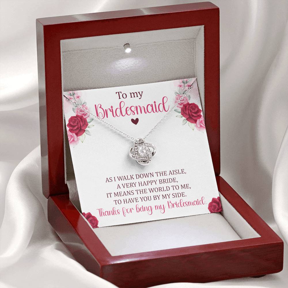 Bridesmaid gift with love knot necklace and special message in ready to gift box with LED on