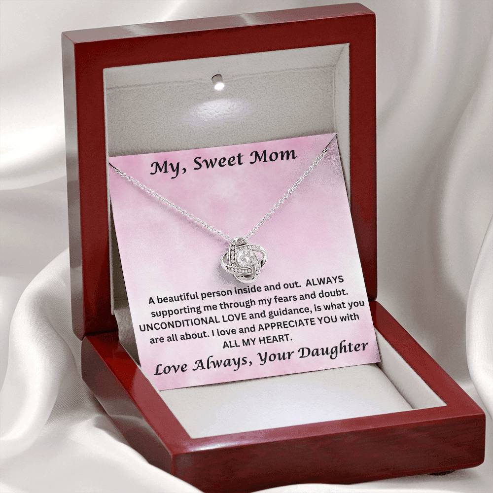 Mom gift from daughter with love knot necklace and special message in luxury box with LED spotlight on