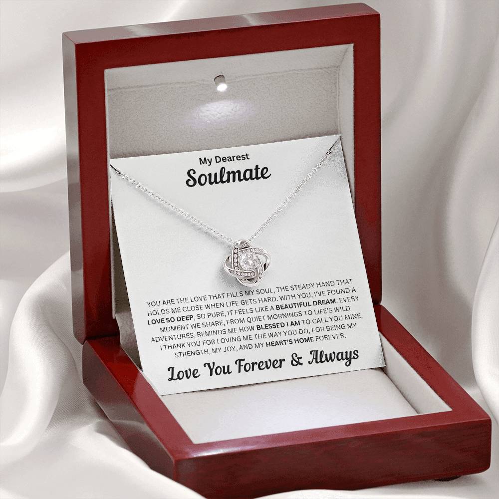 Soulmate gift with love knot necklace and special message in a luxury box with LED on