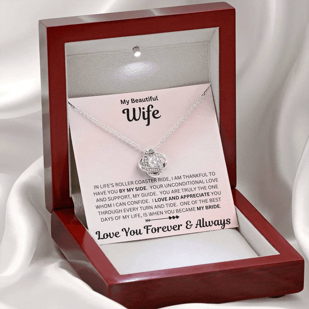 Wife gift with love knot necklace and special sentiment in a luxury box with LED on