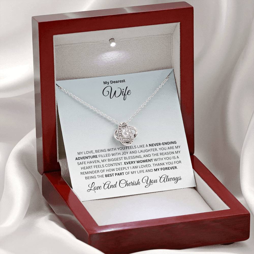 Wife gift with love knot necklace and special heart warming sentiment in a luxury box with LED on