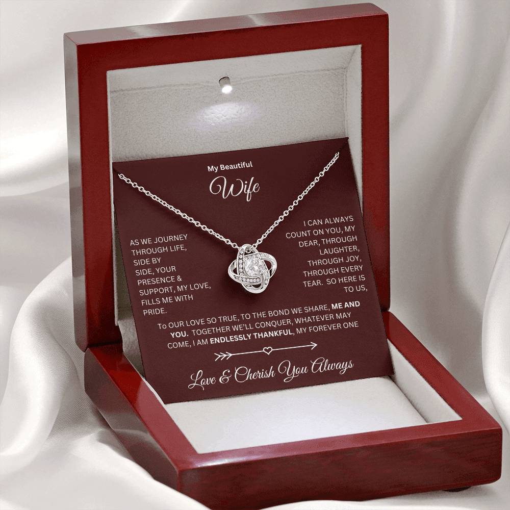 Wife gift with love knot necklace and special message in a luxury box with LED on