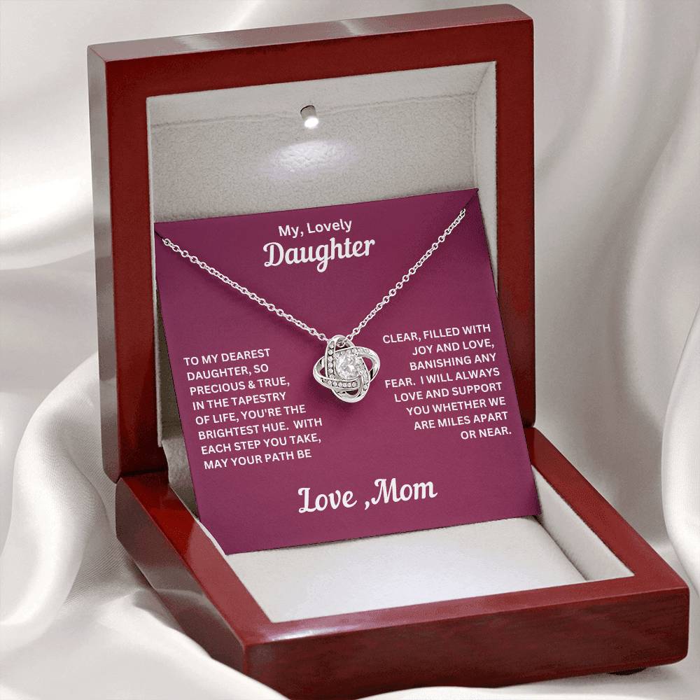 Daughter gift from mom with love knot necklace and special message in luxury box with LED light