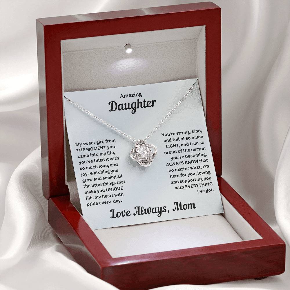 Daughter gift from mom with love knot necklace and special message in luxury box with LED on