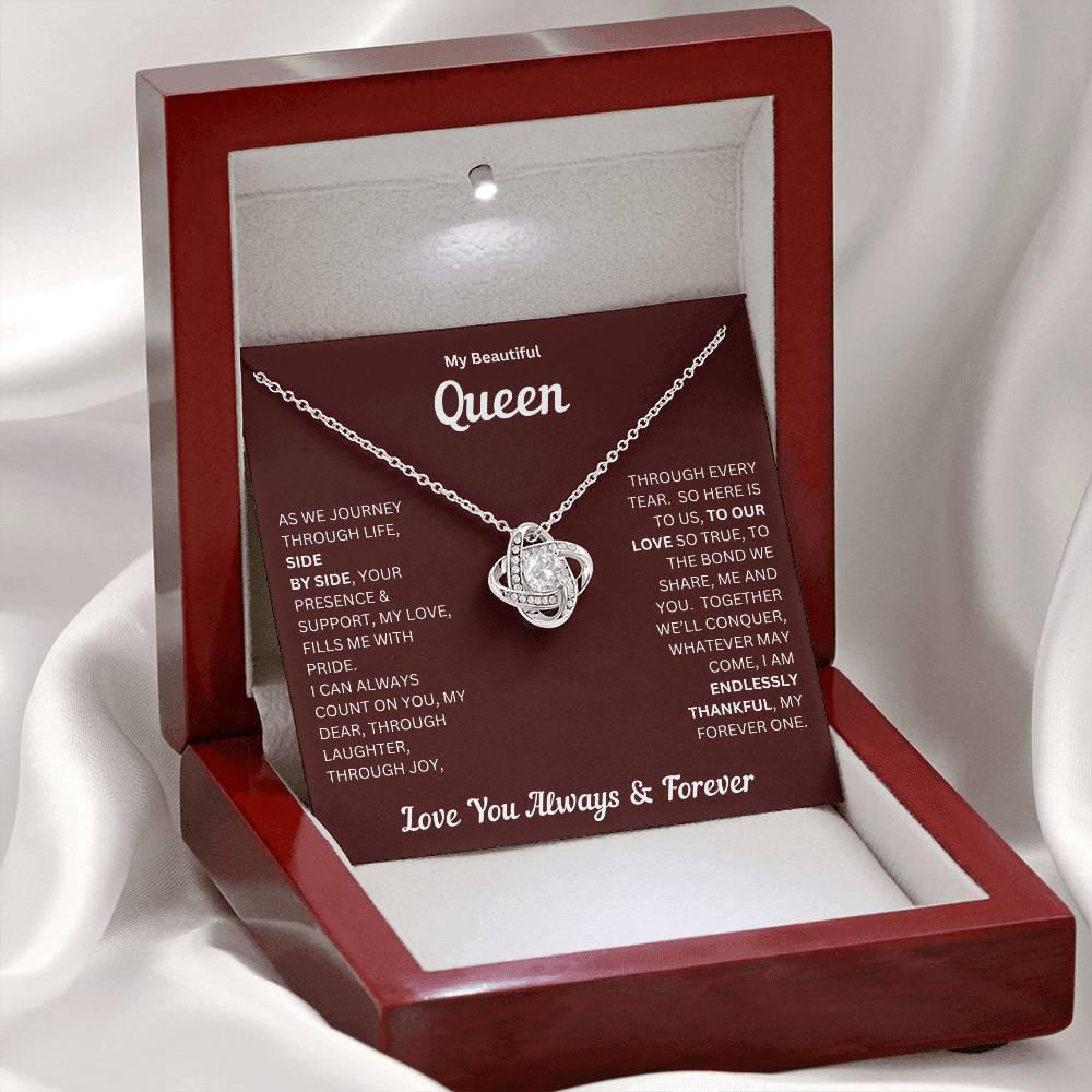 Soulmate gift with love knot necklace and special message in a luxury box with light on