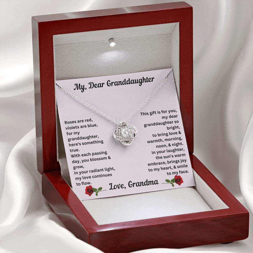 Granddaughter gift from grandma with love knot necklace with special message in luxury box with LED spotlight on