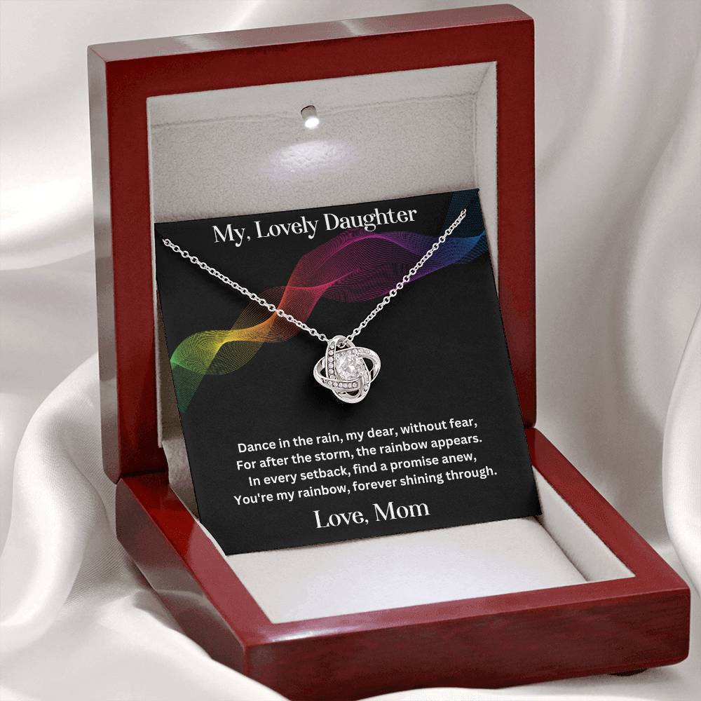 Daughter gift from mom with love knot necklace and special message in luxury box with LED spotlight on