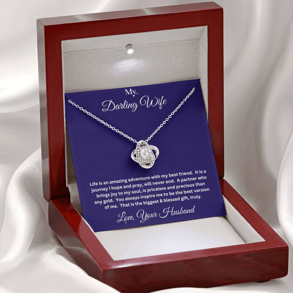 Wife gift with love knot necklace and message in luxury box with LED spotlight