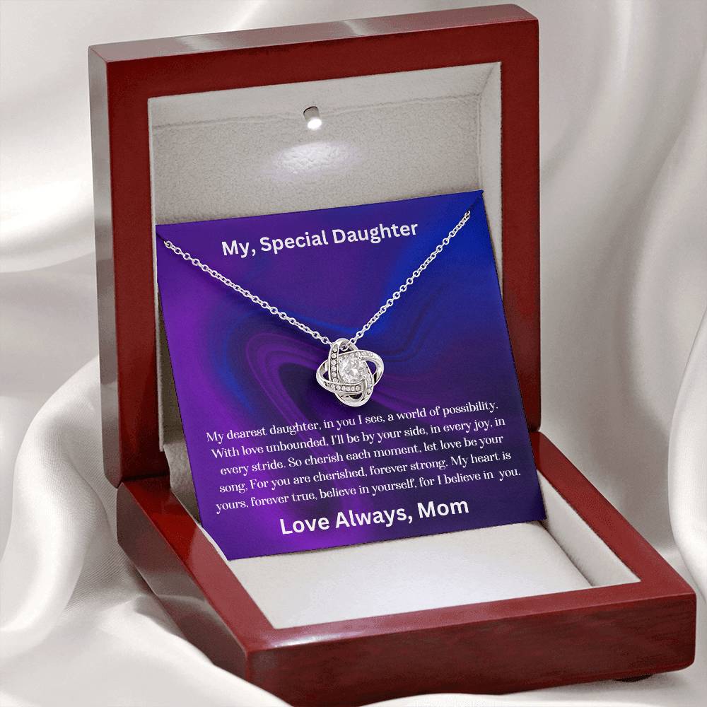 Daughter gift from mom with the love knot necklace and special message in luxury box with LED light on