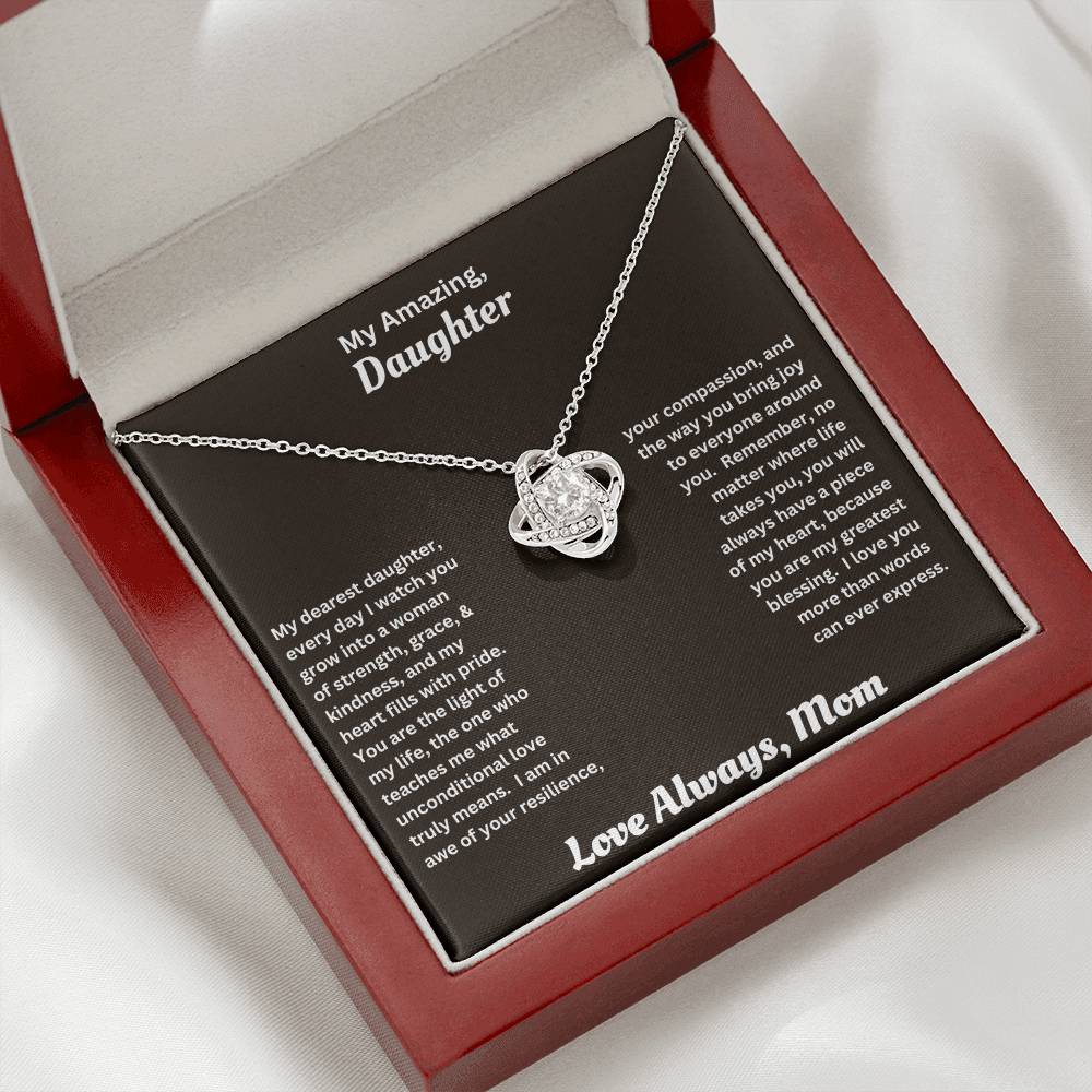 Daughter gift from mom wit love knot necklace and special message in luxury box