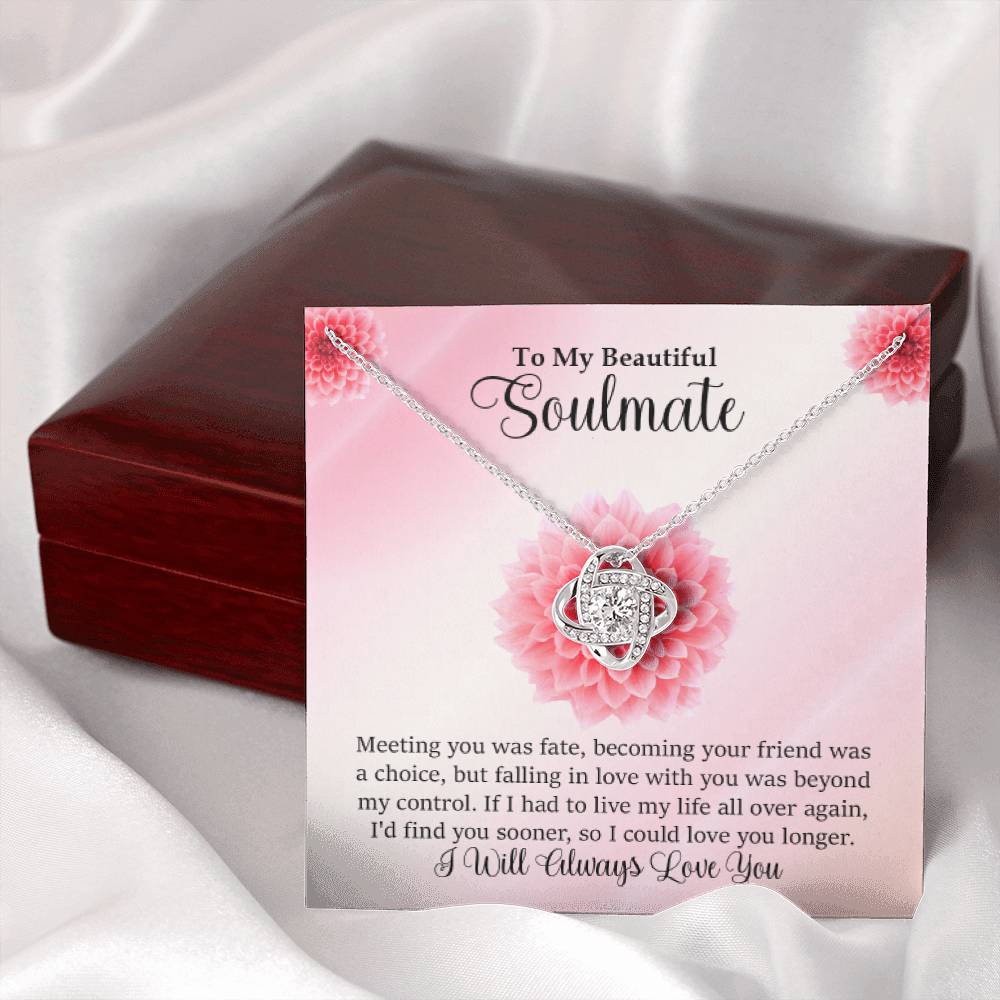 Soulmate Gift - Love Knot Necklace In 14K White Gold Finish With Message Card & Necklace Leaning On Mahogany Box