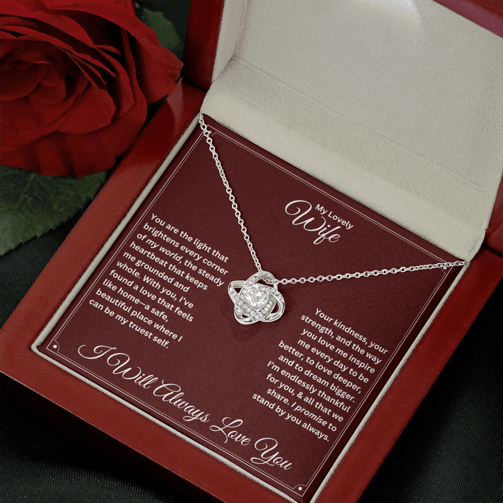 Wife gift with love knot necklace and special message in a luxury box with props