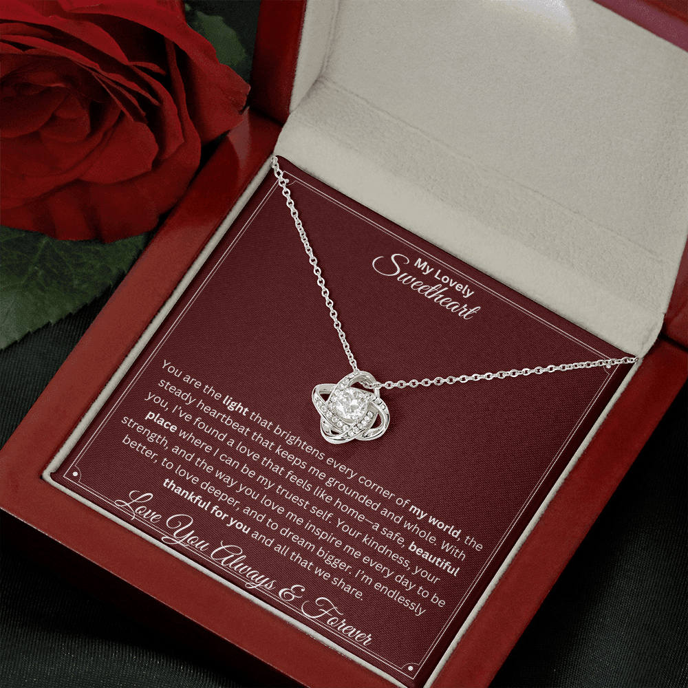 Soulmate gift with love knot necklace and special sentiment in a ready to gift luxury box