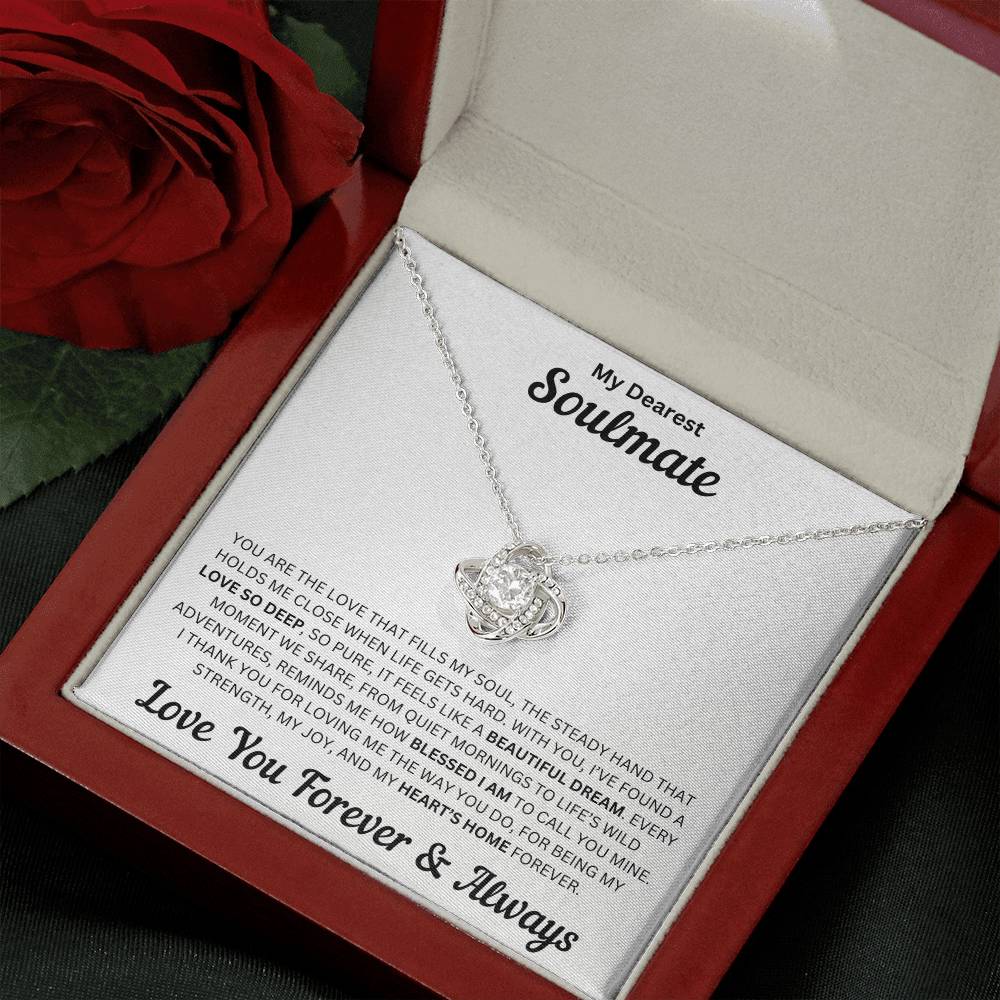 Soulmate gift with love knot necklace and special message in a luxury box with rose