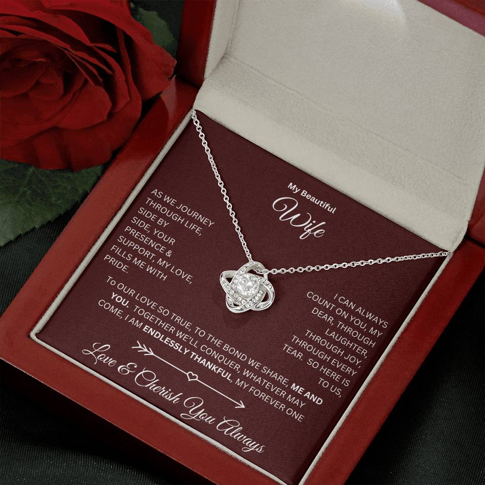 Wife gift with love knot necklace and special message in a luxury box with rose