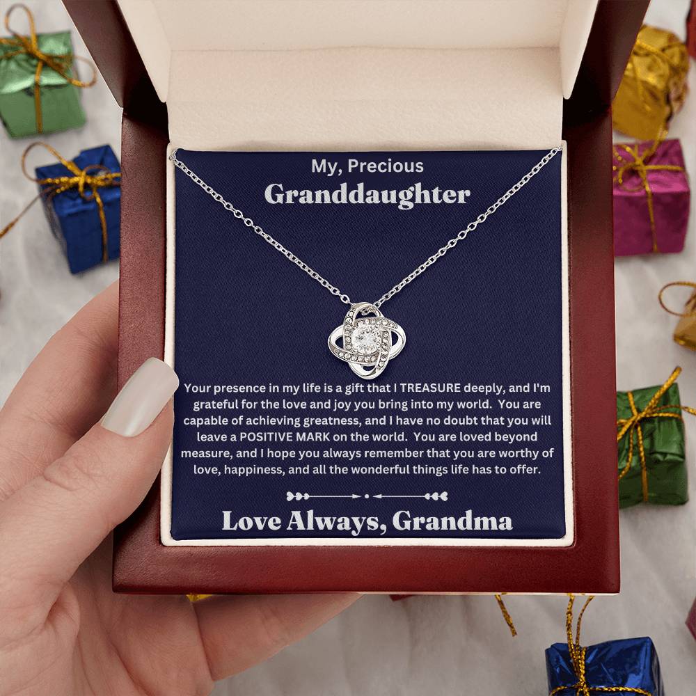 Granddaughter gift from Grandma with love knot necklace and special message in luxury box