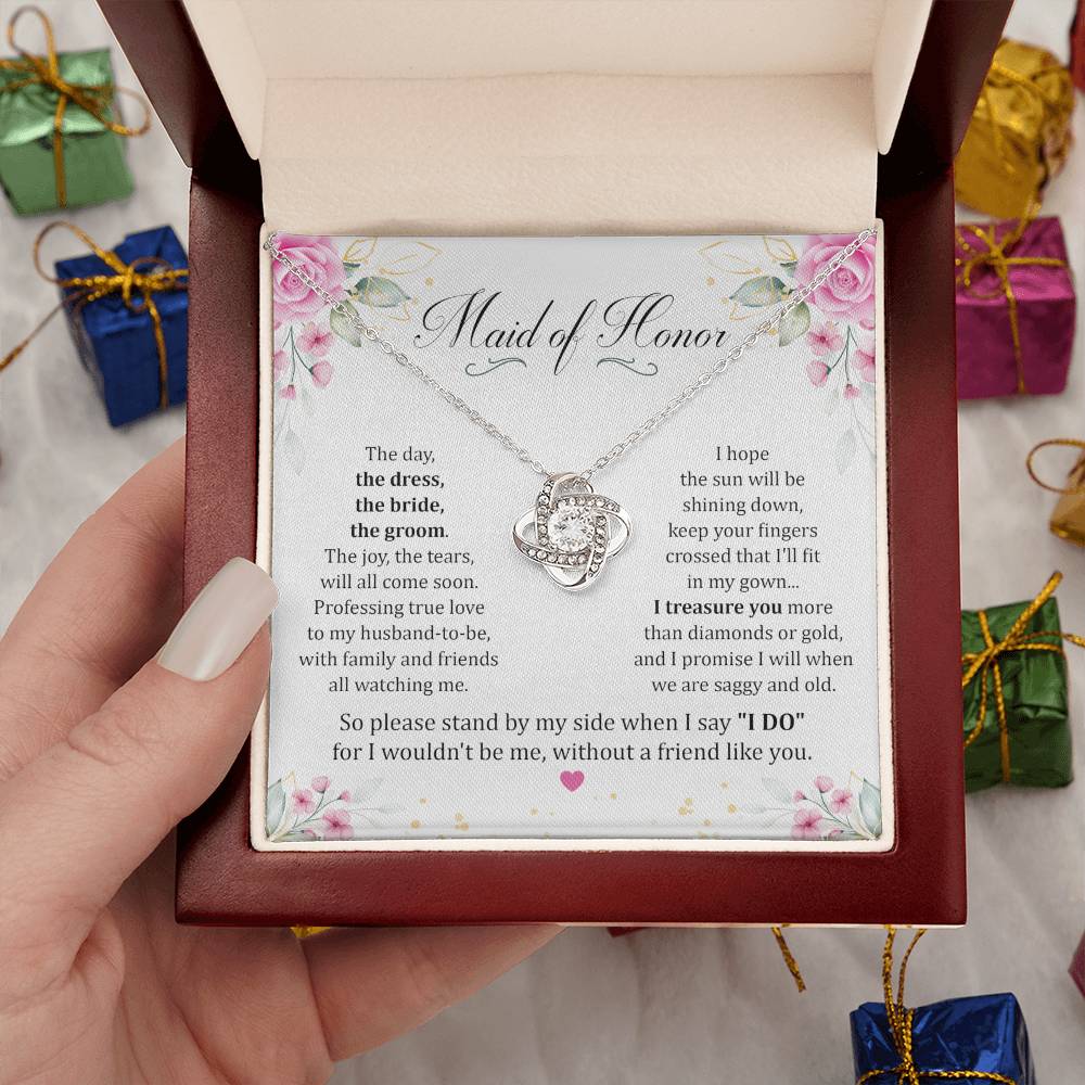 Maid Of Honor gift with love knot necklace and special message in luxury box