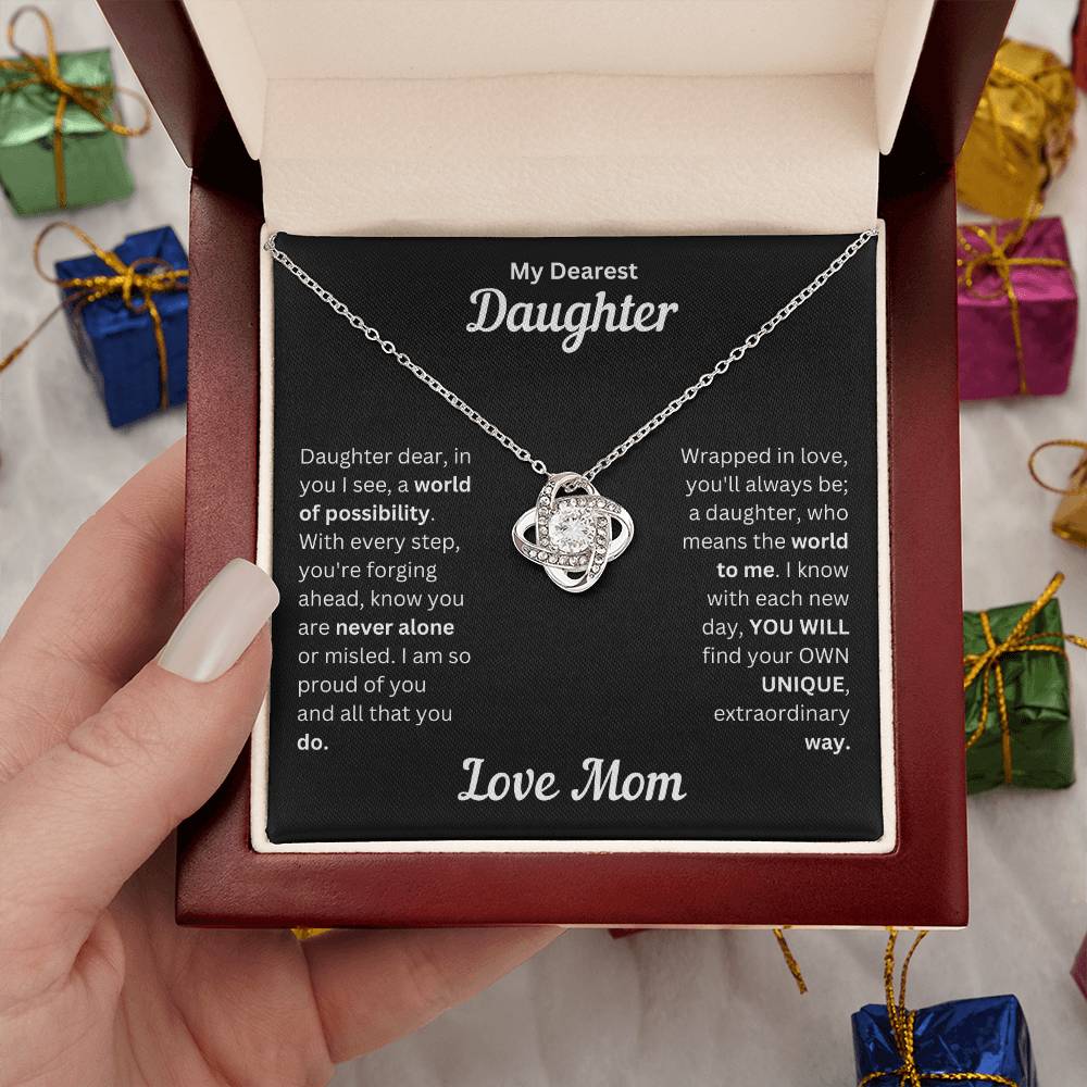 Daughter gift from mom with love knot necklace and special message in a luxury box