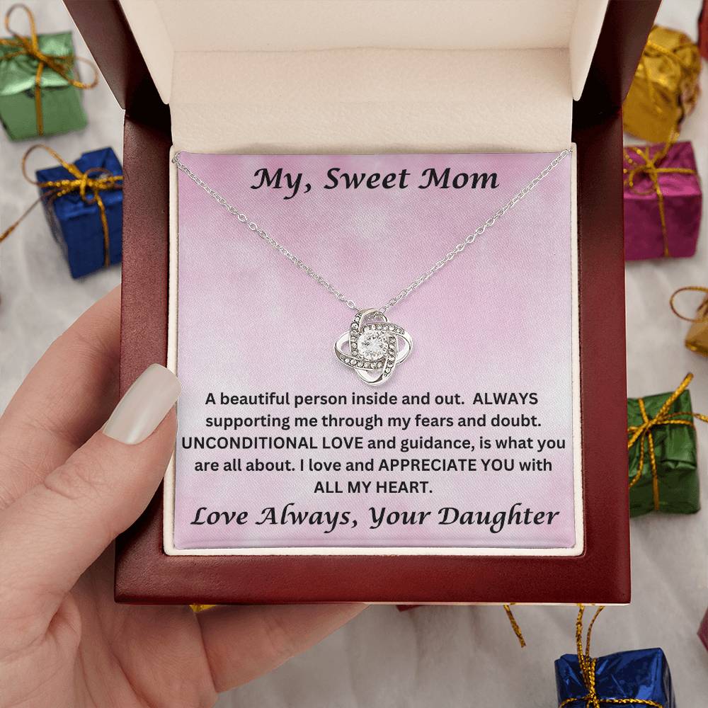 Mom gift from daughter with love knot necklace and special message in luxury box