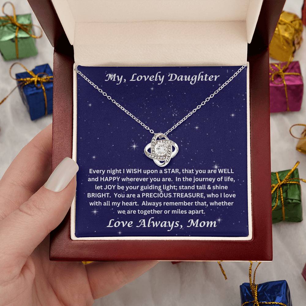 Daughter gift from mom with love knot necklace with special message in luxury box