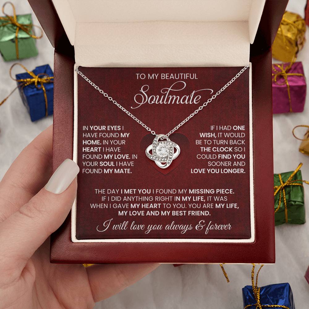 Hand Holding Soulmate Love Knot Necklace In 14K White Gold In Luxury Box WIth Unique Message