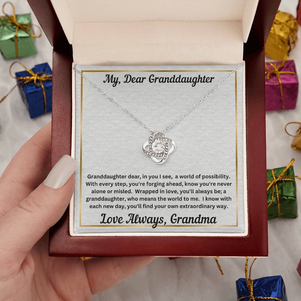 Granddaughter gift from grandma with love knot necklace and special message in luxury box