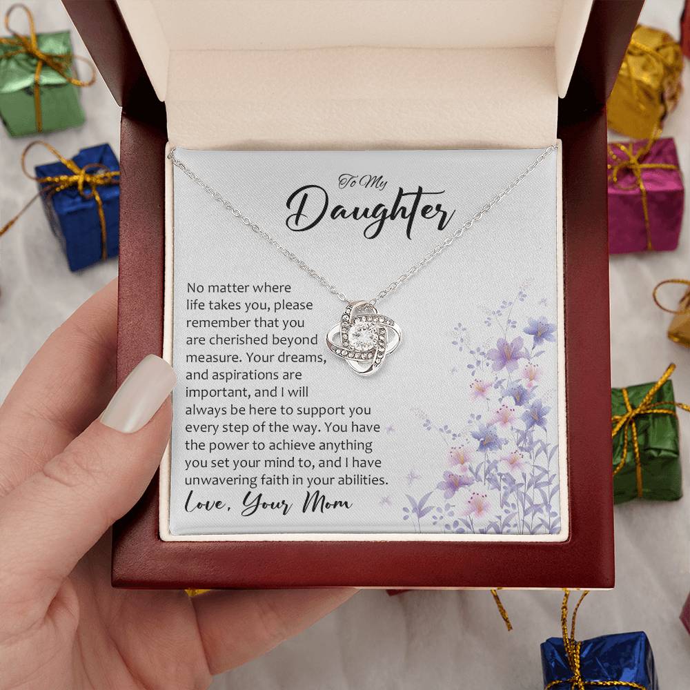 Daughter gift from mom with love knot necklace with special message in luxury box