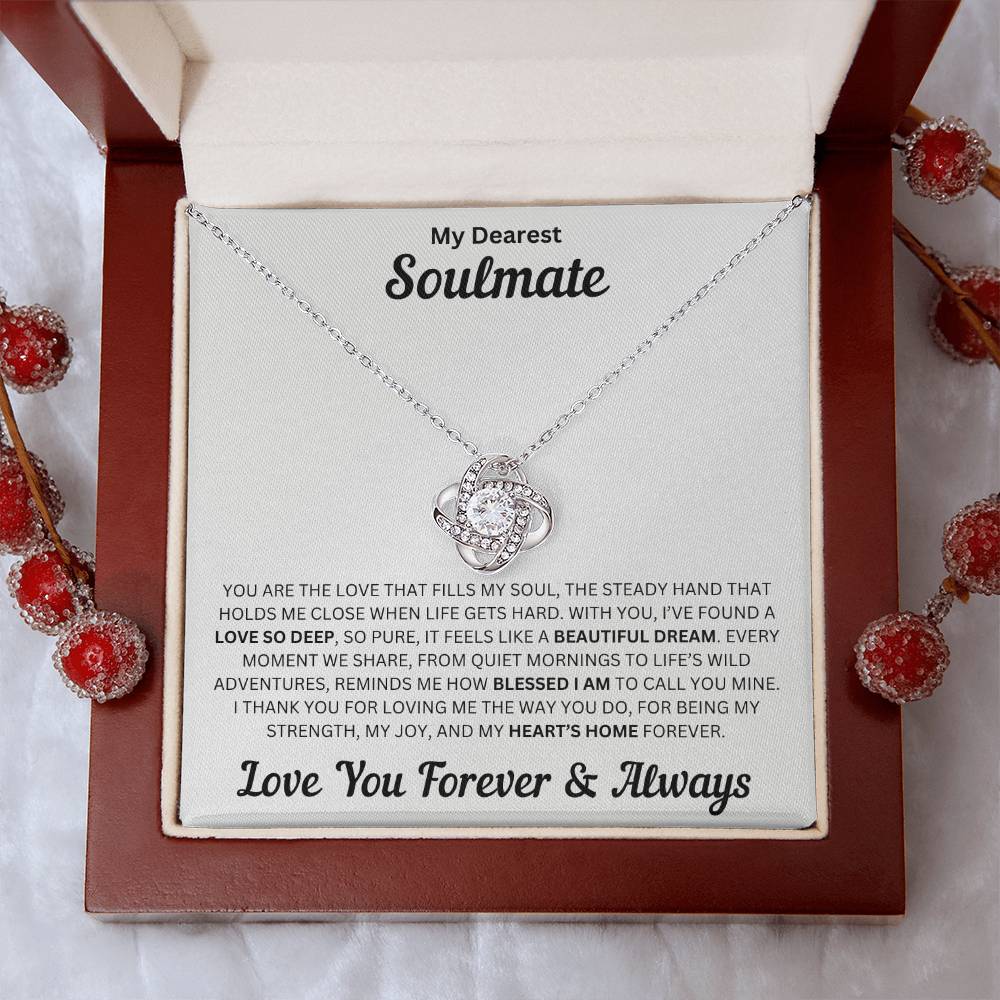 Soulmate gift with love knot necklace and special message in a luxury box with holiday props