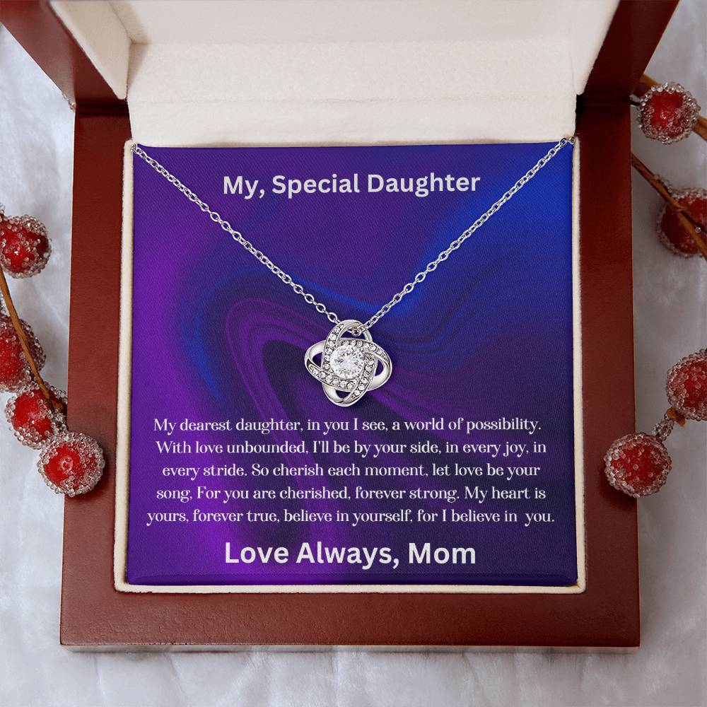 Daughter gift from mom with the love knot necklace and special message in luxury box 