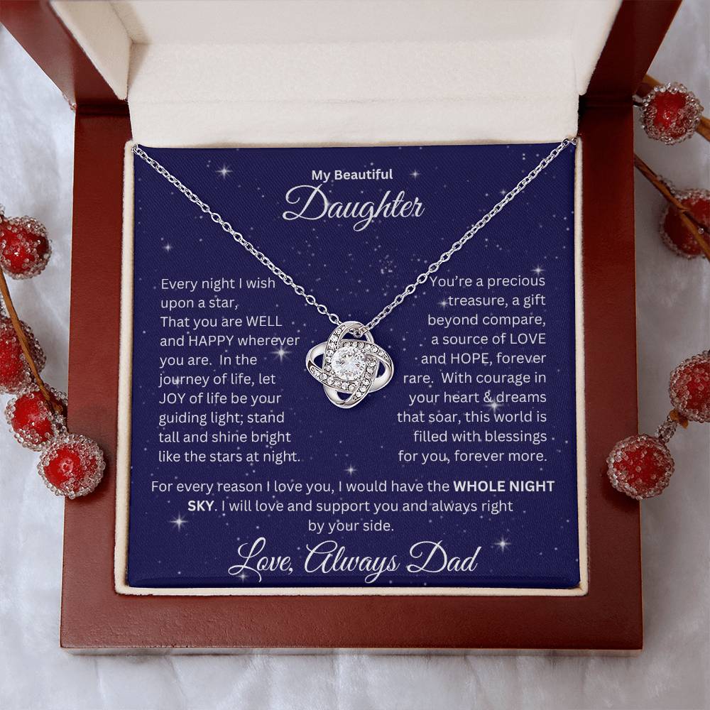 Daughter gift from dad with love knot necklace and special message in a ready to gift luxury box with holiday props