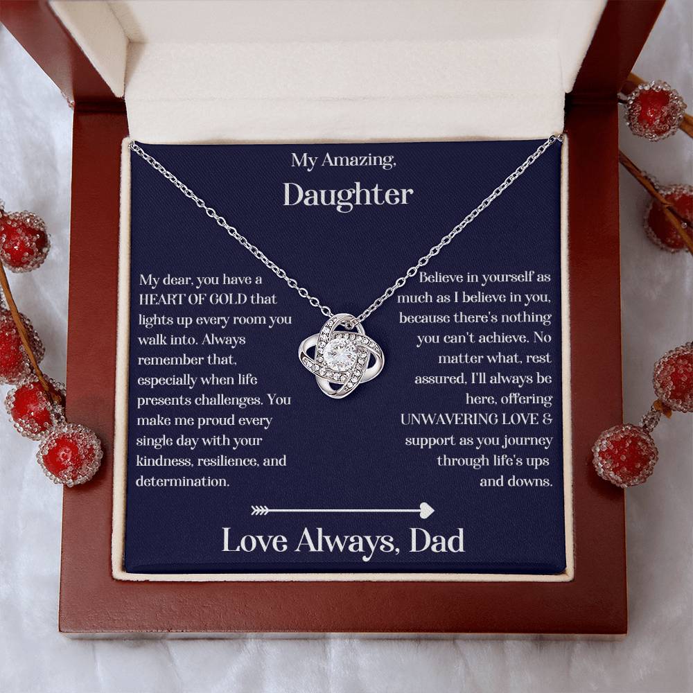 Daughter gift from dad with love knot necklace and special sentiment in a luxury box with props