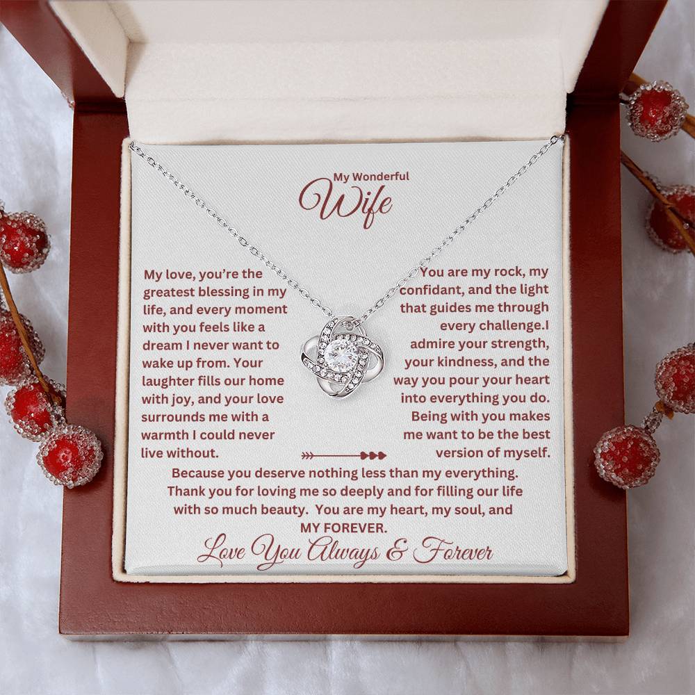 Wife Gift with love knot necklace and special message in a luxury box with props