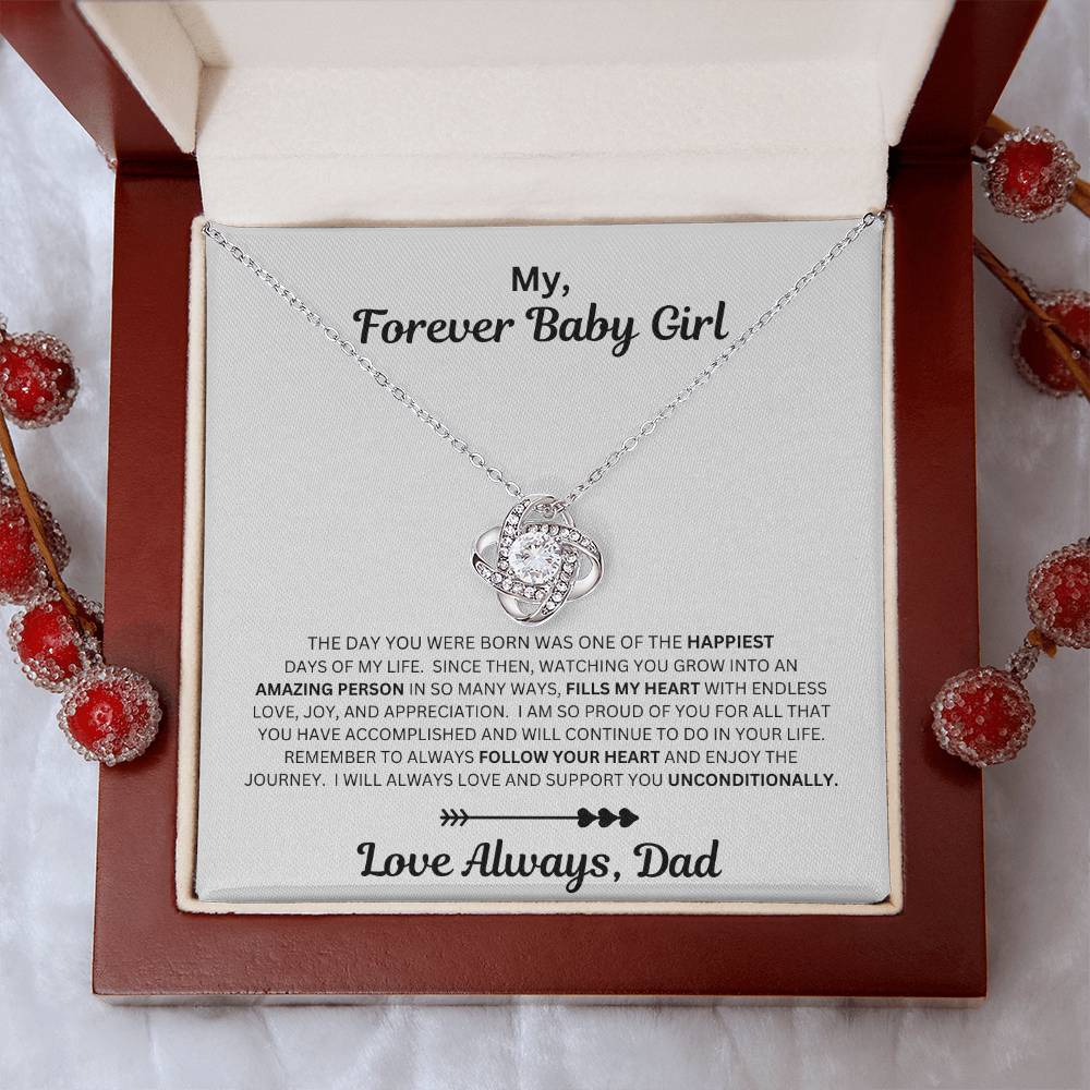 Dad to daughter gift with the love knot necklace and special message in a luxury box with props