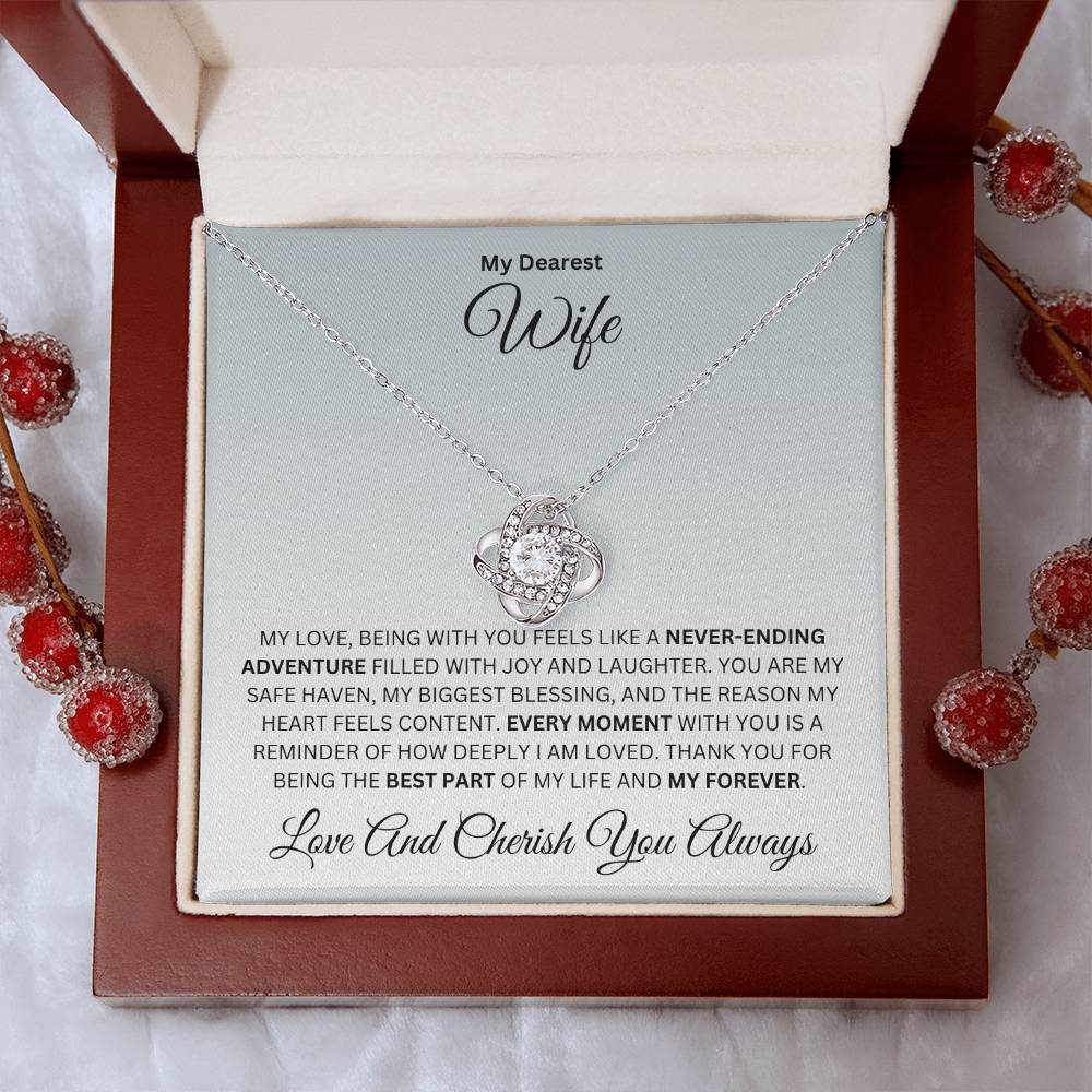 Wife gift with love knot necklace and special heart warming sentiment in a luxury box