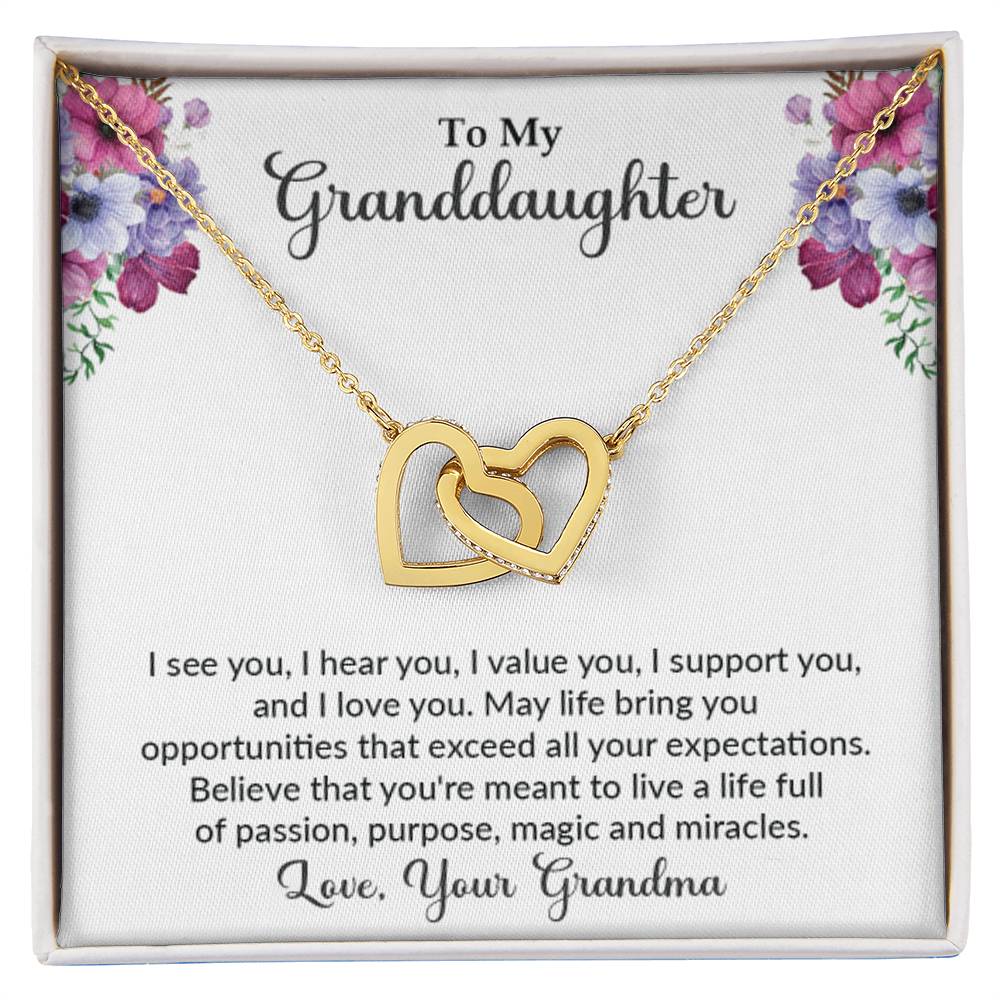 Grandddaughter gift from grandma with interlocking heart necklace with special message in two tone box