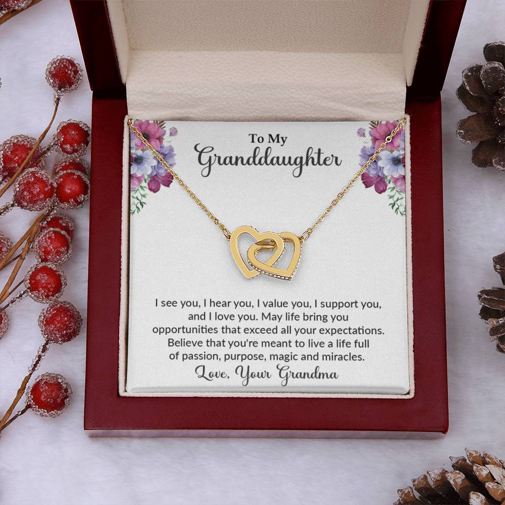 Grandddaughter gift from grandma with interlocking heart necklace with special message in luxury box