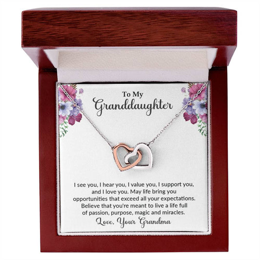 Grandddaughter gift from grandma with interlocking heart necklace with special message in luxury box with LED spotlight