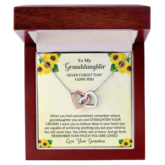 Granddaughter gift from grandma with interlocking heart necklace with special message in Luxury Box with LED spotlight