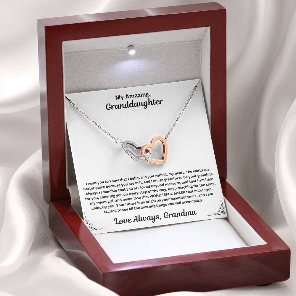 Granddaughter gift from grandma with interlocking necklace and special message in luxury box with LED on