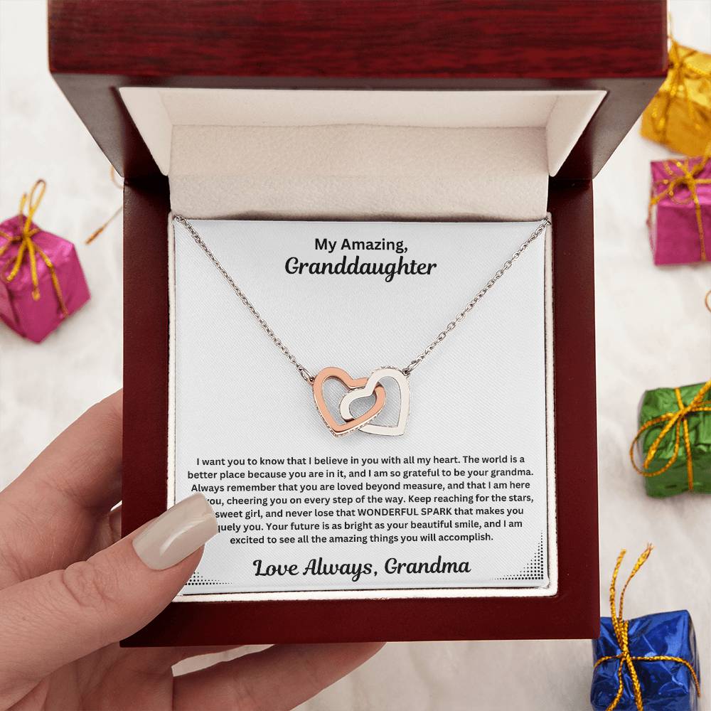 Granddaughter gift from grandma with interlocking necklace and special message in luxury boc