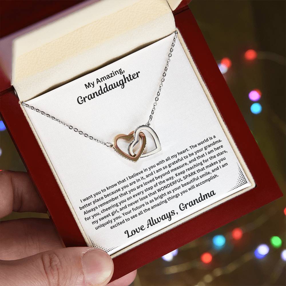 Granddaughter gift from grandma with interlocking necklace and special message in luxury box