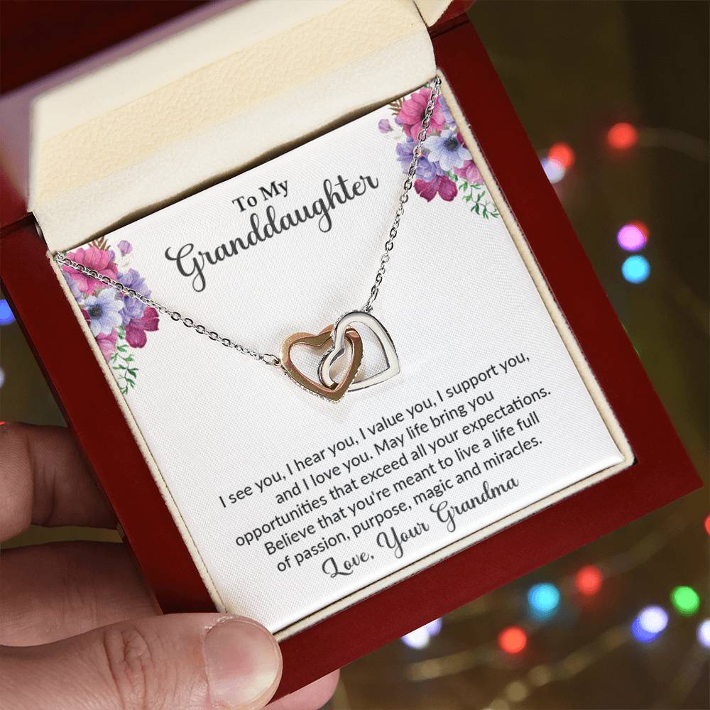 Grandddaughter gift from grandma with interlocking heart necklace with special message in luxury box with LED spotlight