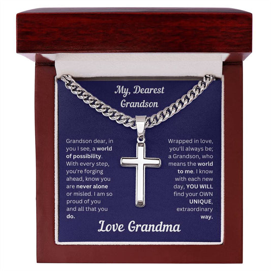 Grandson gift from grandma with cuban chain and artisan cross and special message in a luxury box