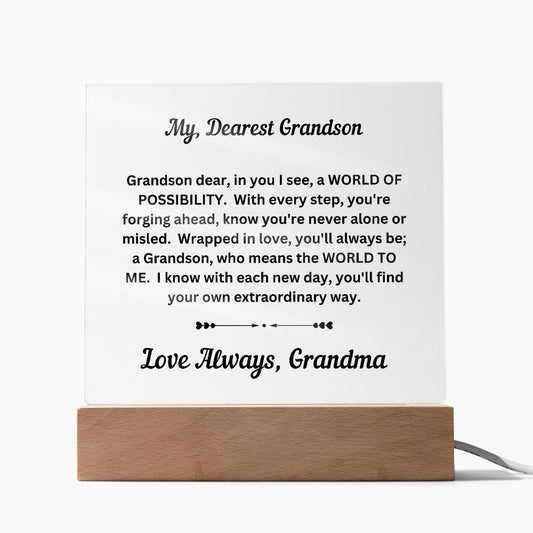 Grandson gift from grandma with special message on square plaque with LED base