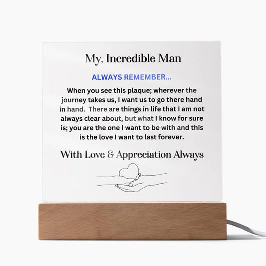 Special Man Gift WIth Acrylic Plaque WIth Wooden Base And LED Lights & Special Message