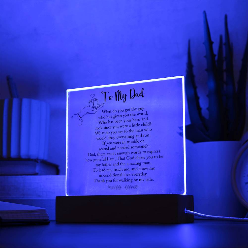 Dad gift from child with square acrylic plaque with wooden base with LED  on