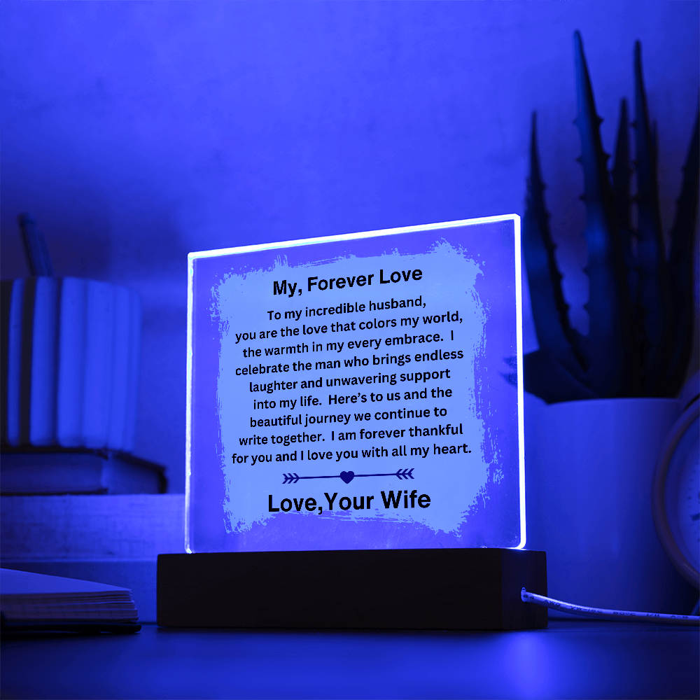 Husband gift with acrylic plaque with LED base on in blue and loving sentiment