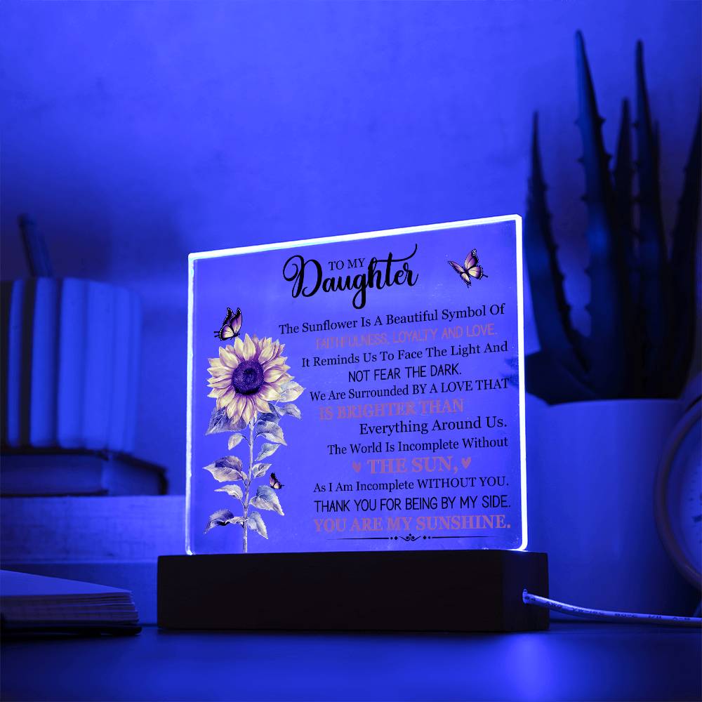 Daughter Gift LED Wooden Base Acrylic Plaque With Message In Dark Blue Light