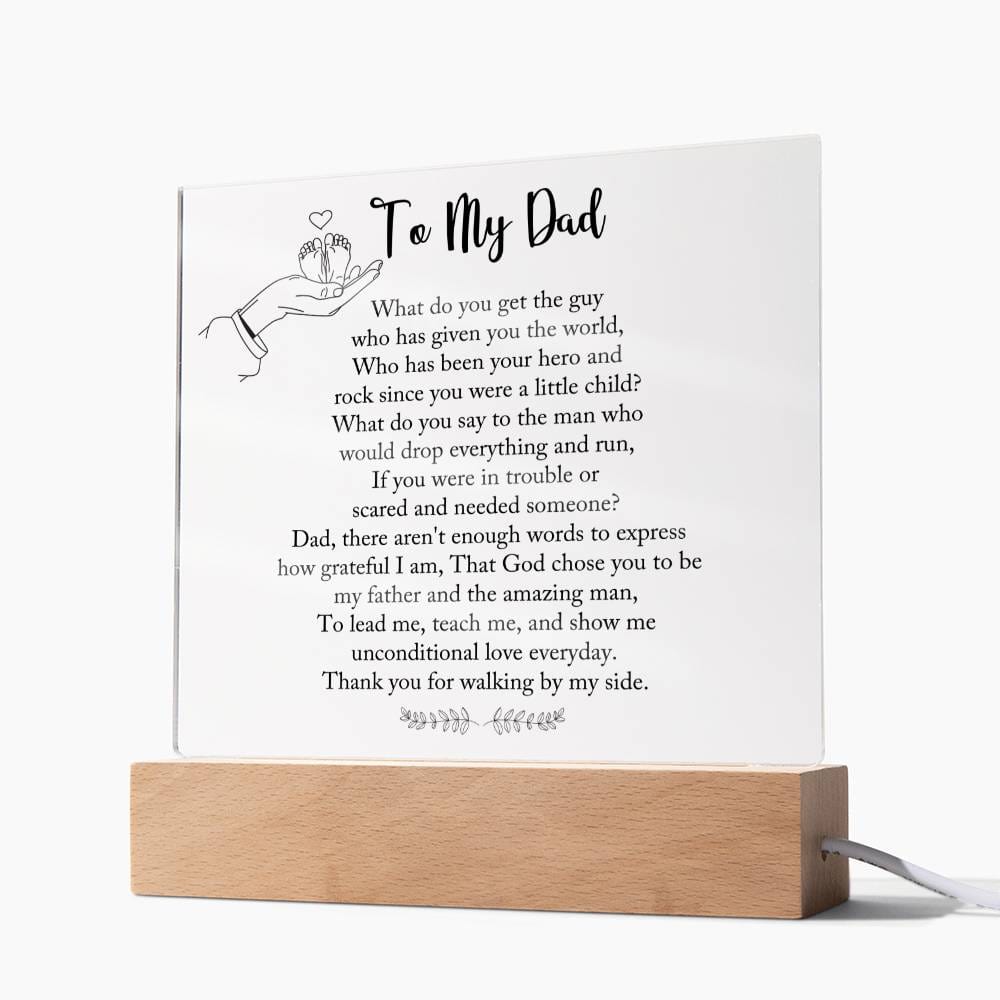 Dad gift from child with square acrylic plaque with wooden base with LED off